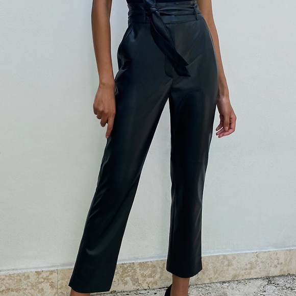 Babaton Black High-Waist Faux Leather Paperbag Ankle Pants - Picture 2 of 10